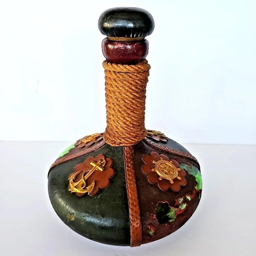 Vintage Italian Leather Wrapped Glass Decanter Nautical Anchor Ship‎ Wheel Decor